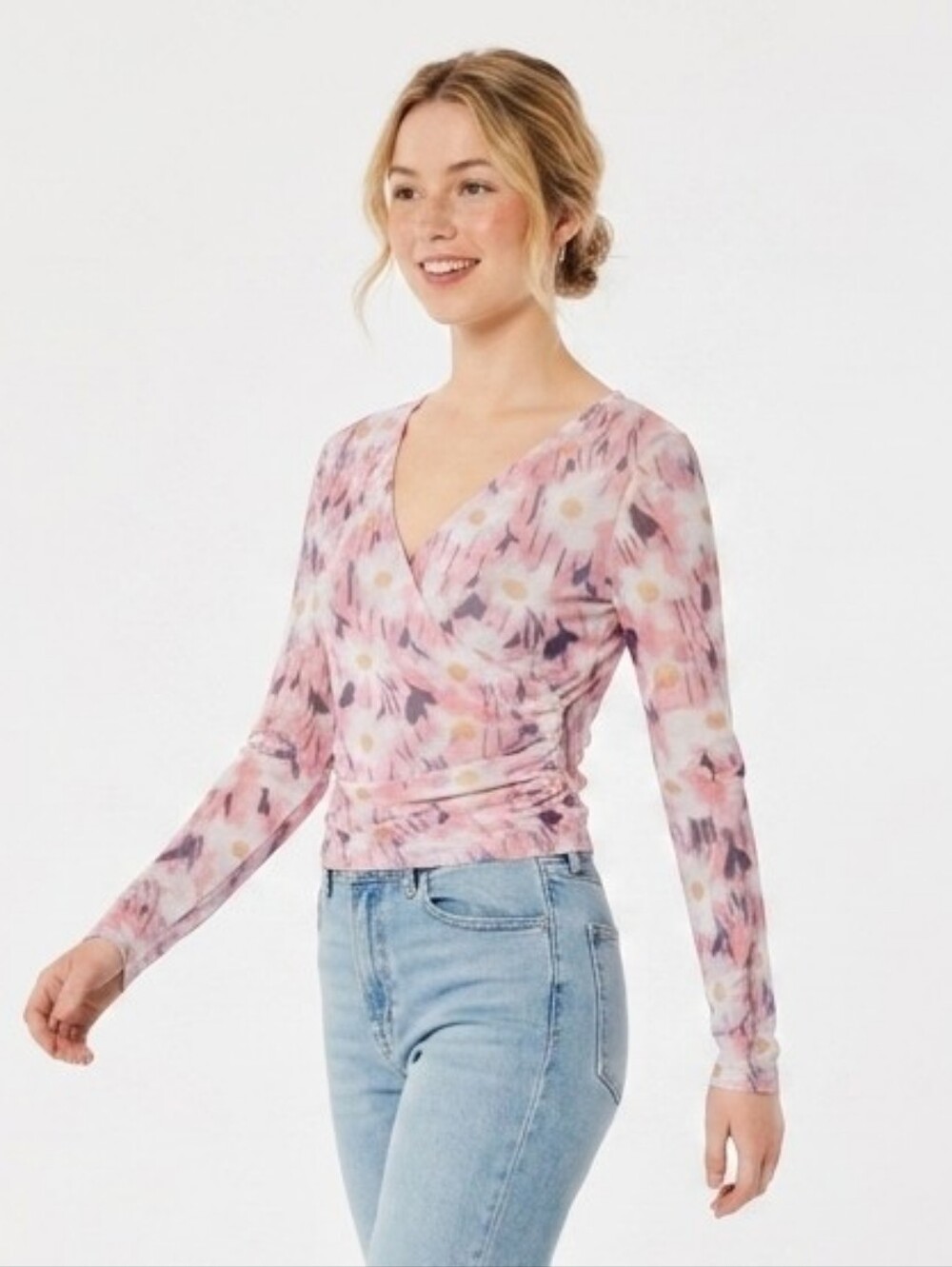 Floral Wrap-Style Long Sleeve Tee in Pink